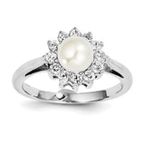 Sterling Silver Rhodium Plated CZ and FW Cultured Pearl Ring - shirin-diamonds