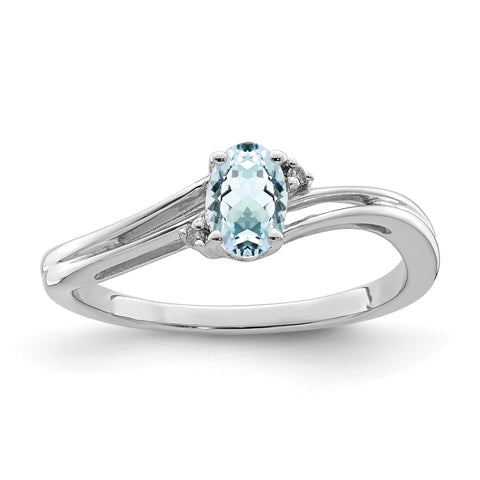 925 Sterling Silver Rhodium Plated Diamond and Aquamarine Oval Ring
