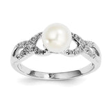 Sterling Silver Rhodium Plated Diamond and FW Cultured Pearl Ring - shirin-diamonds