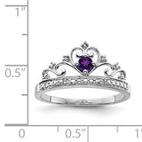 925 Sterling Silver Rhodium Plated Diamond and Amethyst Ring