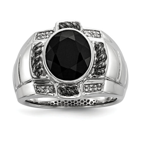 Sterling Silver Diamond & Onyx Oval Black Rhodium-plated Men's Ring - shirin-diamonds