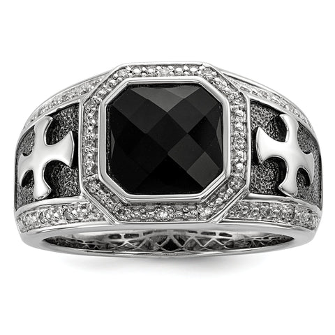 Sterling Silver Diamond & Onyx Black Rhodium-plated Cross Men's Ring - shirin-diamonds