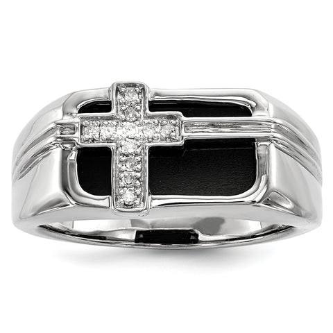 Sterling Silver Rhodium Plated Diamond Black Onyx Cross Men's Ring - shirin-diamonds