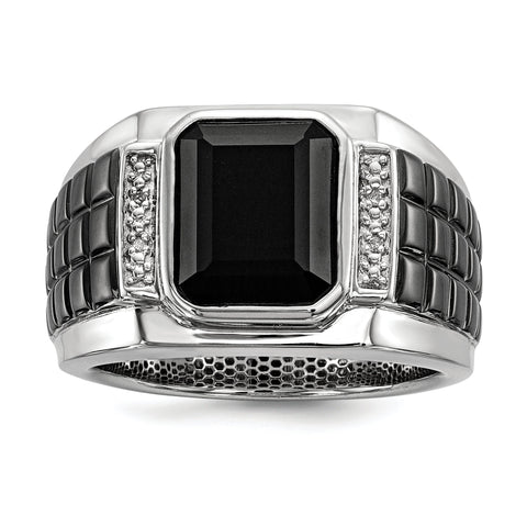 Sterling Silver Diamond & Onyx Square Black Rhodium-plated Men's Ring - shirin-diamonds