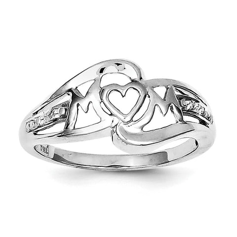 Sterling Silver Rhodium Plated Diamond Heart Mom Ring - shirin-diamonds