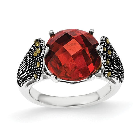Sterling Silver Red CZ and Marcasite Ring - shirin-diamonds