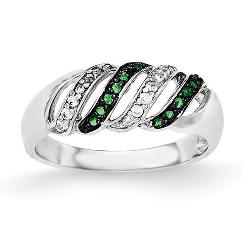 Sterling Silver Polished CZ & Green Glass Stone Ring - shirin-diamonds