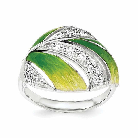Sterling Silver Green And Yellow Enamel Leaf And CZ Ring - shirin-diamonds