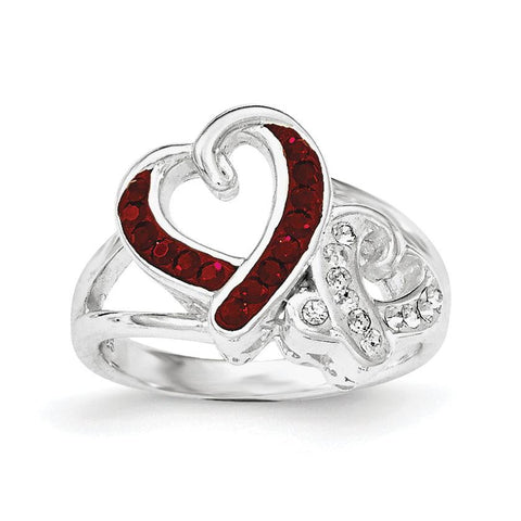Sterling Silver Red and White Crystal Two Heart Ring - shirin-diamonds