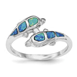 Sterling Silver Rhodium Created Blue Opal Dolphins Ring - shirin-diamonds