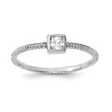 Sterling Silver Rhodium-plated Polished & Textured CZ Square Ring - shirin-diamonds