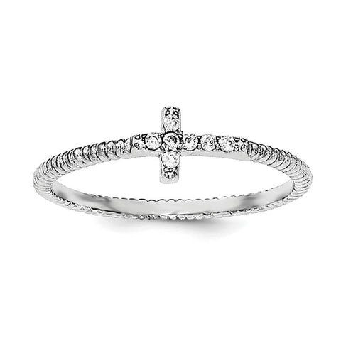 Sterling Silver Rhodium-plated Polished & Textured CZ Cross Ring - shirin-diamonds