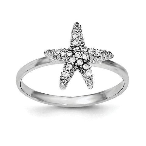 Sterling Silver Rhodium-plated Polished CZ Starfish Ring - shirin-diamonds