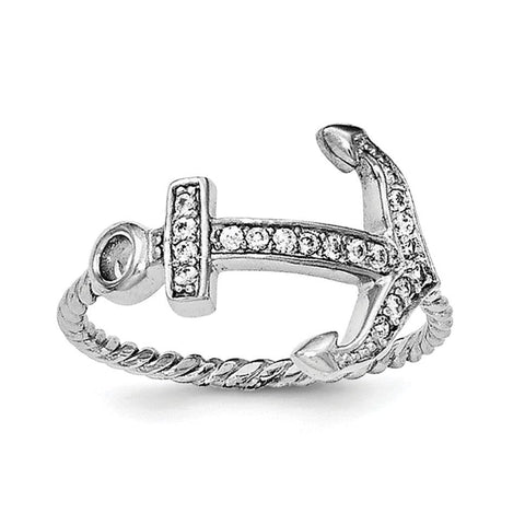 Sterling Silver Rhodium-plated Polished & Textured CZ Anchor Ring - shirin-diamonds
