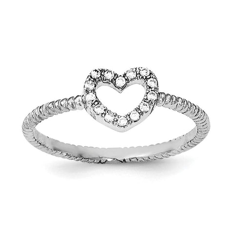 Sterling Silver Rhodium-plated Polished & Textured CZ Heart Ring - shirin-diamonds
