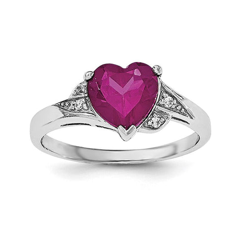 Sterling Silver Rhodium-plated w/CZ and Synthetic Ruby Heart Ring - shirin-diamonds