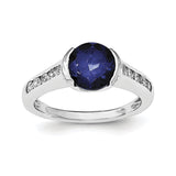 Sterling Silver Rhodium-plated Synthetic Blue Sapphire & CZ Bezel Ring - shirin-diamonds