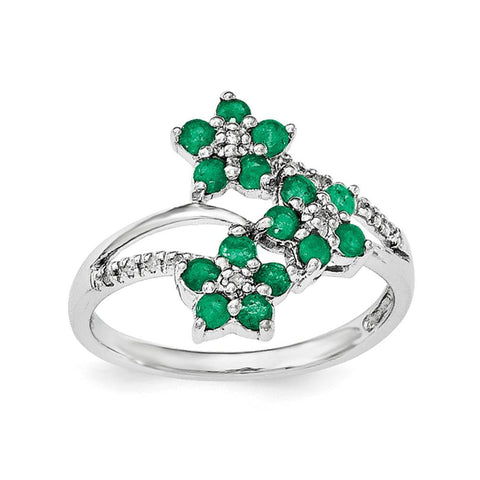 Sterling Silver Rhodium-plated 3 Flower Emerald and Diamond Ring - shirin-diamonds