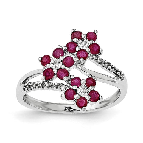 Sterling Silver Rhodium-plated 3 Flower Ruby and Diamond Ring - shirin-diamonds