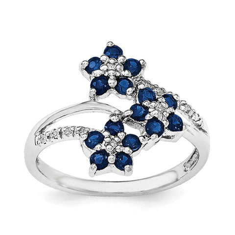 Sterling Silver Rhodium-plated 3 Flower Sapphire and Diamond Ring - shirin-diamonds