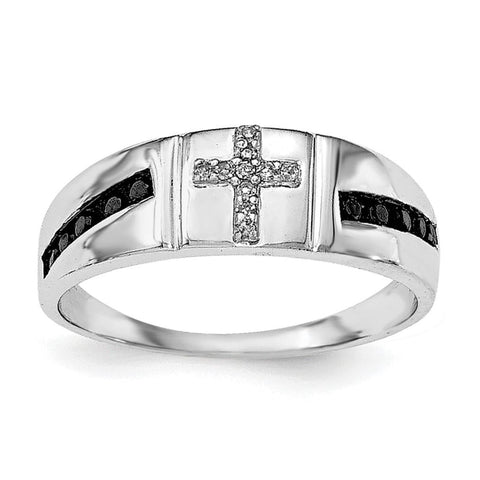Sterling Silver Rhodium Black & White Diam. Cross Men's Ring - shirin-diamonds