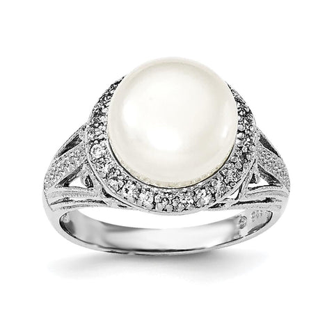 Sterling Silver Rhodium-plated 10-11mm White FWC Pearl and CZ Ring - shirin-diamonds