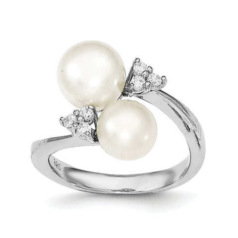 Sterling Silver Rhodium-plated 8-9mm White 2-FWC Pearl and CZ Ring - shirin-diamonds