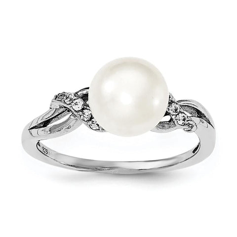 Sterling Silver 8-9mm White FW Cultured Pearl CZ Ring - shirin-diamonds
