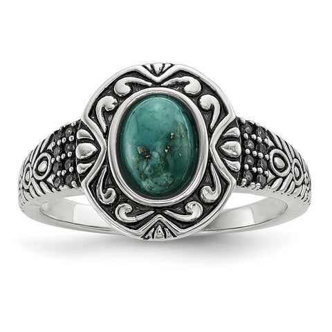Sterling Silver Rhodium-plated & Oxidized w/Recon. Turquoise Ring - shirin-diamonds