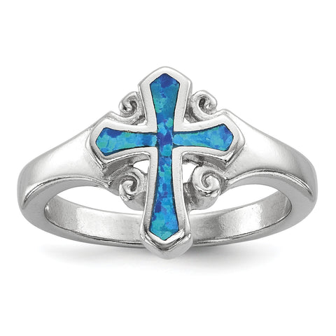 Sterling Silver Rhodium-plated Blue Inlay Created Opal Cross Ring - shirin-diamonds