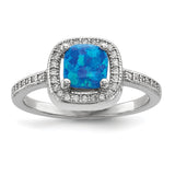Sterling Silver Rhodium-plated Square Blue Created Opal CZ Ring - shirin-diamonds