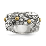 Sterling Silver w/14k Antiqued Leaves & Flowers Band - shirin-diamonds