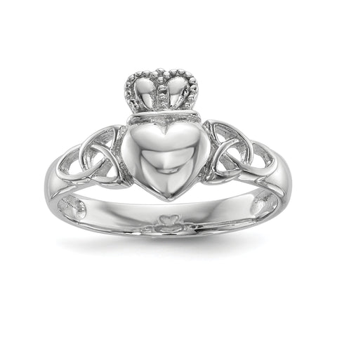 Sterling Silver Rhodium-plated Polished Claddagh Ring - shirin-diamonds