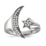 Sterling Silver Rhodium-plated CZ Moon w/Star Polished Ring - shirin-diamonds