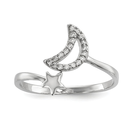Sterling Silver Rhodium-plated CZ Moon and Star Ring - shirin-diamonds
