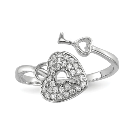 Sterling Silver Rhodium-plated CZ Heart Lock and Key Ring - shirin-diamonds