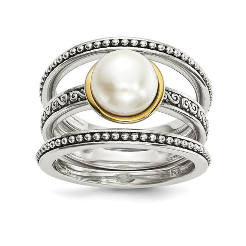 Sterling Silver w/14k Antiqued 8mm Button FWC Pearl Set of 3 Rings - shirin-diamonds