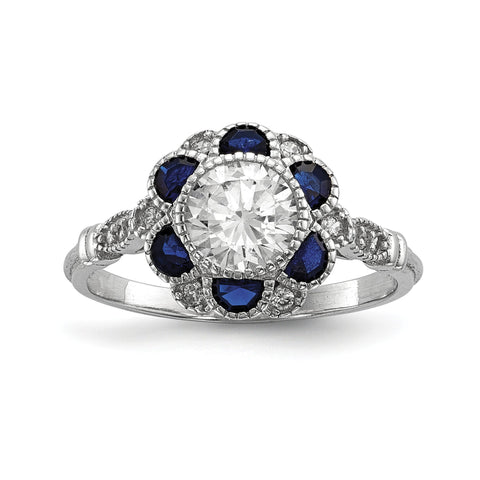 Sterling Silver Rhodium-plated CZ & Synthetic Blue Sapphire Flower Ring - shirin-diamonds