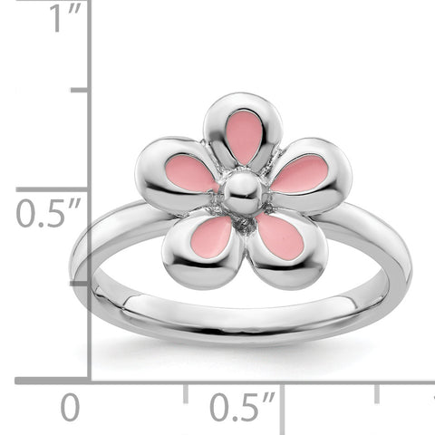 Sterling Silver Stackable Expressions Polished Pink Enameled Flower Ring
