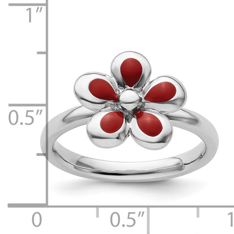 Sterling Silver Stackable Expressions Polished Red Enameled Flower Ring