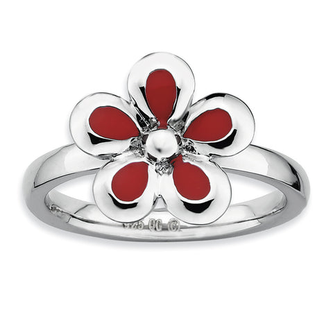 Sterling Silver Stackable Expressions Polished Red Enameled Flower Ring - shirin-diamonds