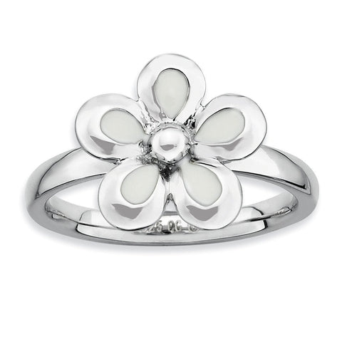 Sterling Silver Stackable Expressions Polished White Enameled Flower Ring - shirin-diamonds