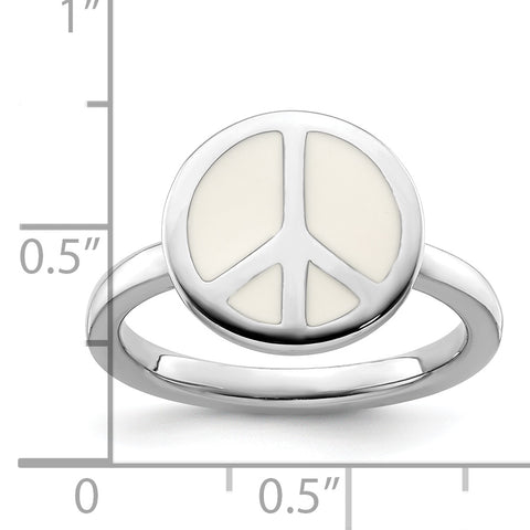 SS Stackable Expressions Polished White Enameled Peace Sign Ring