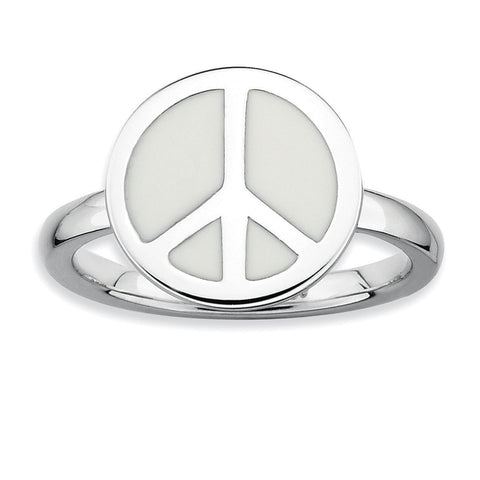 Sterling Silver Stackable Expressions Pol. White Enameled Peace Sign Ring - shirin-diamonds