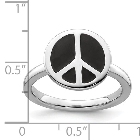SS Stackable Expressions Polished Black Enameled Peace Sign Ring