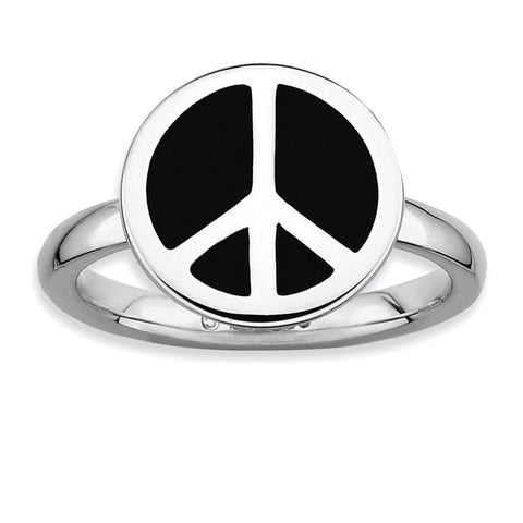 Sterling Silver Stackable Expressions Pol. Black Enameled Peace Sign Ring - shirin-diamonds