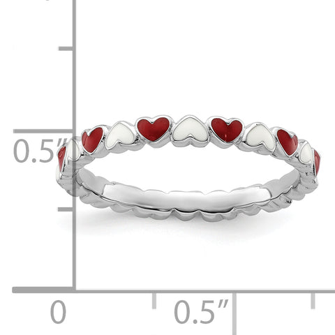 Sterling Silver Stackable Expressions Red & White Enamel Heart Ring