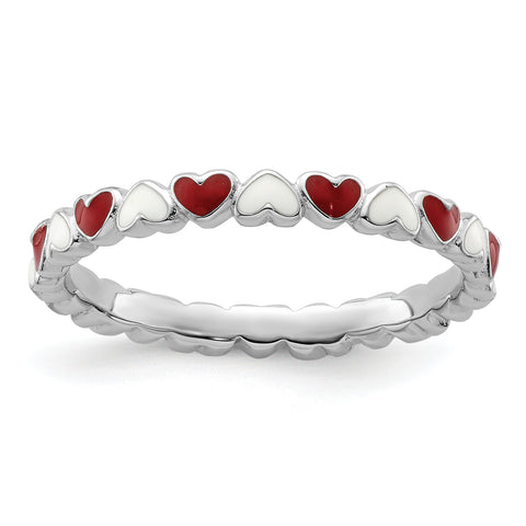 Sterling Silver Stackable Expressions Red & White Enamel Heart Ring Size 6