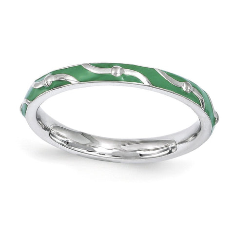 Sterling Silver Stackable Expressions Green Enamel Ring - shirin-diamonds