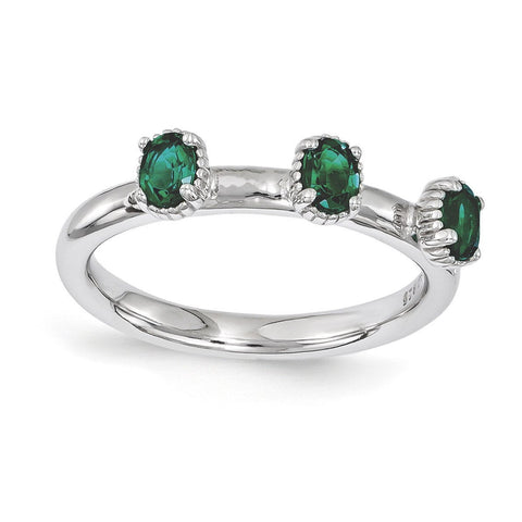 Sterling Silver Stackable Expressions Created Emerald Three Stone Ring - shirin-diamonds